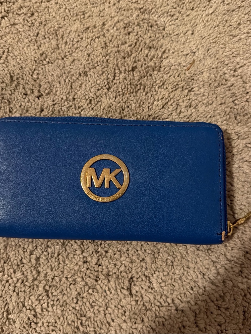 Michael Kors Blue Leather Zip Wallet with Gold MK Emblem